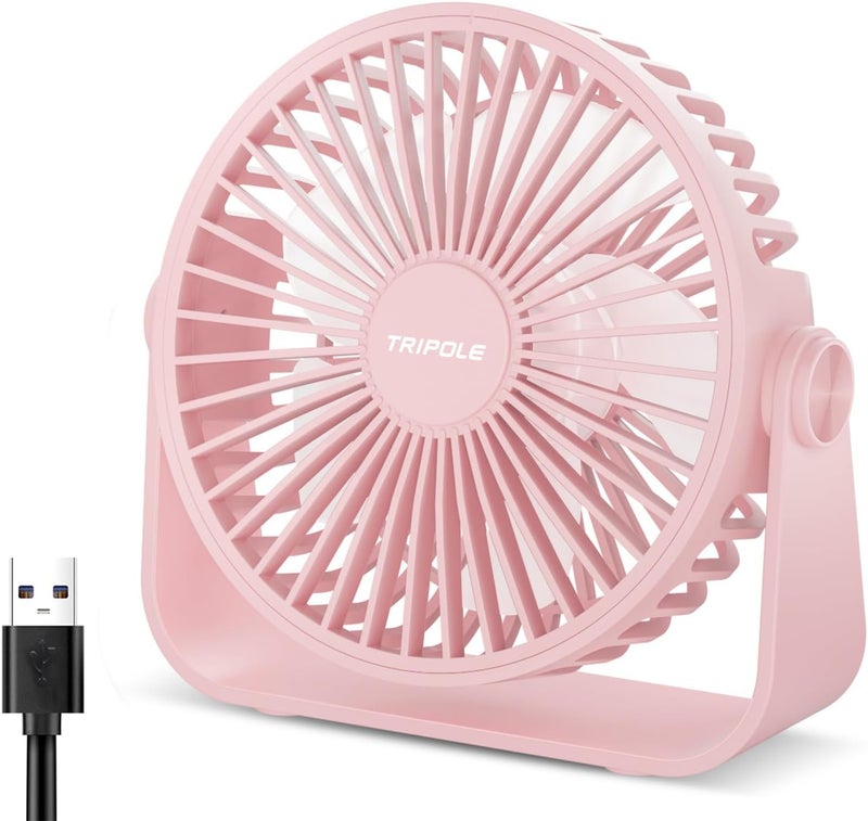 TriPole USB Desk Fan Portable Mini Fan Powerful 3 Speeds Wind Personal Desktop Fan with 360° Head Rotation for Home Office Car Indoor Outdoor Pink, No Battery, 4.5 Inches - Image 1